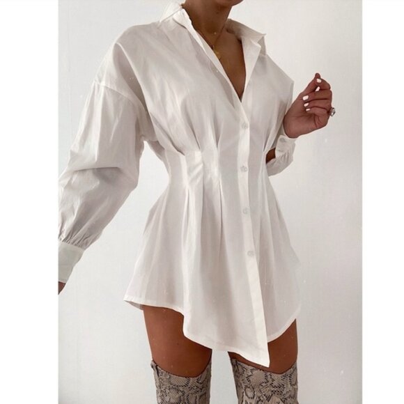 White Waist Fitted Drop Shoulder Buttoned Shirt - Picture 1 of 14
